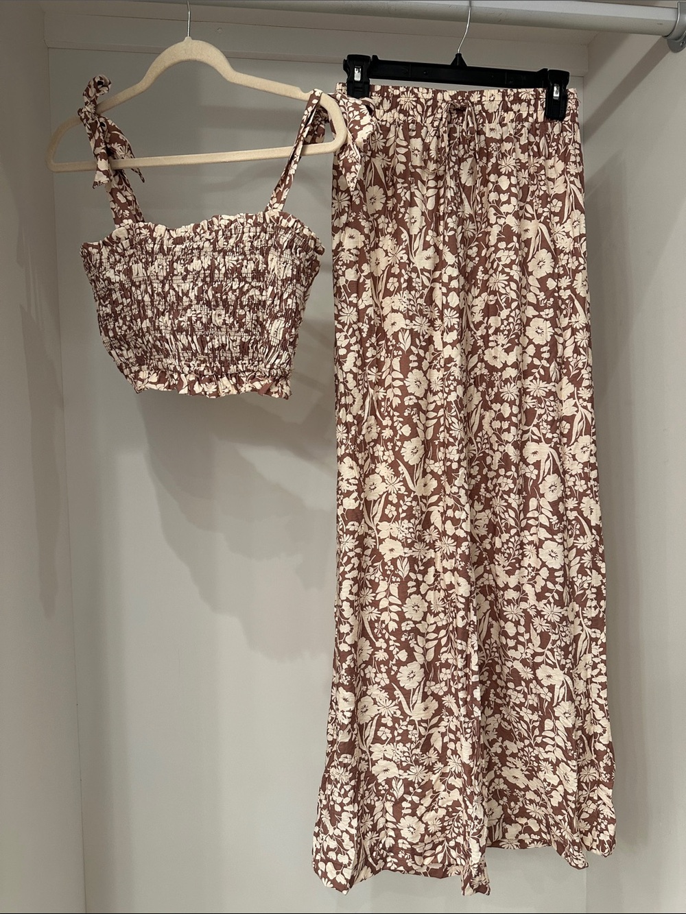 Pink Lily small brown and cream smocked top and pants set. Like new